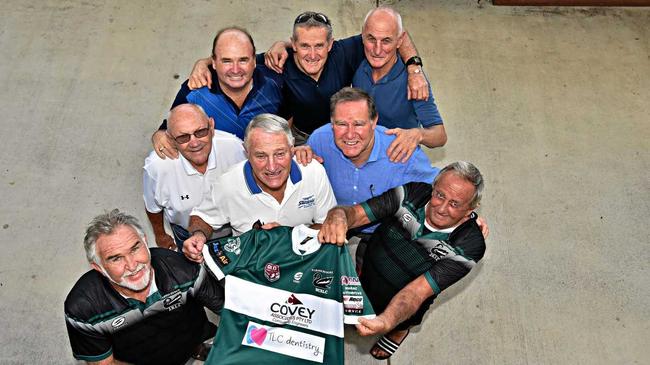 Preview for the Maroochydore Rugby League 100th anniversary. Front: Maroochydore Swans president Paul McMillan, Sid Page, Ian Massie, Greg Rogerson and John Redwood. Back: Benny Pike, Glen Rogerson and Paul Thomas. Picture: Warren Lynam