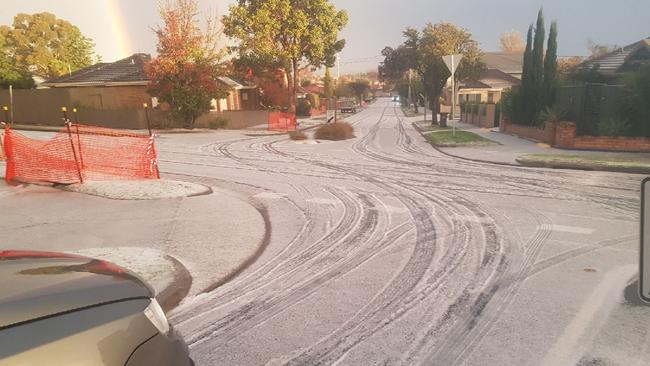 Hail in Oakleigh looked like a drizzle of snow. Picture: ABC Melbourne