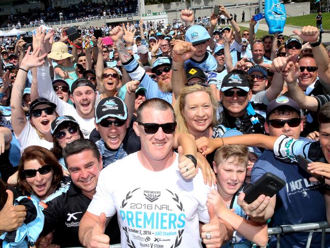 Captain Paul Gallen. The day after the Cronulla Sharks won their first Grand Final. Fans celebrate at a fan day at Shark Park to see the premership winning team. Pic Stephen Cooper