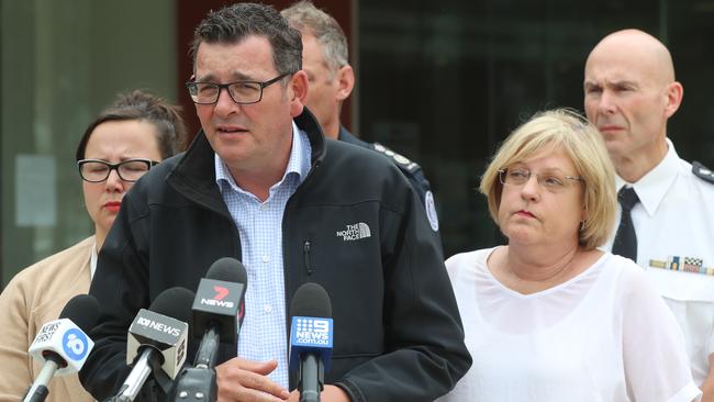 Premier Daniel Andrews, Police Minister Lisa Neville and Police Commissioner Andrew Crisp. Picture: Alex Coppel