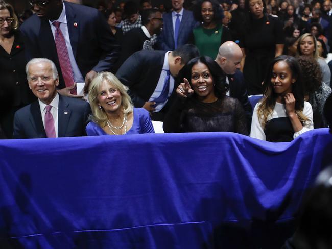 Vice President Joe Biden, Jill Biden, First Lady Michelle Obama and Malia Obama at President Barack Obama’s farewell address. Picture: AP