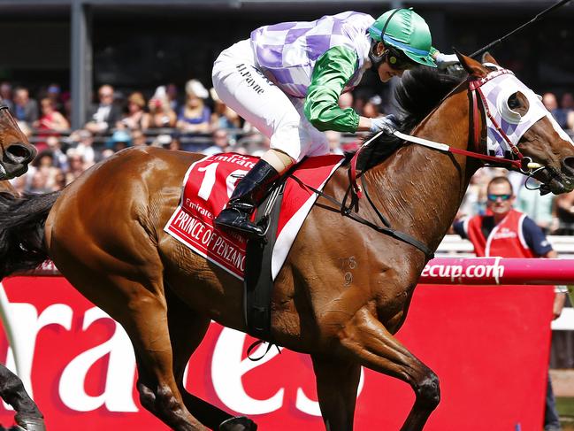 2015 Melbourne Cup day at Flemington Racecourse, Race7- Melbourne Cup, Michelle Payne wins the cup on Prince Of Penzance in front of Frankie Dettori onboard Max Dynamite. Melbourne. 3rd November 2015. Picture: Colleen Petch. MelbourneCup15