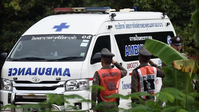 An ambulance near the Tham Luang cave area. Picture: AFP