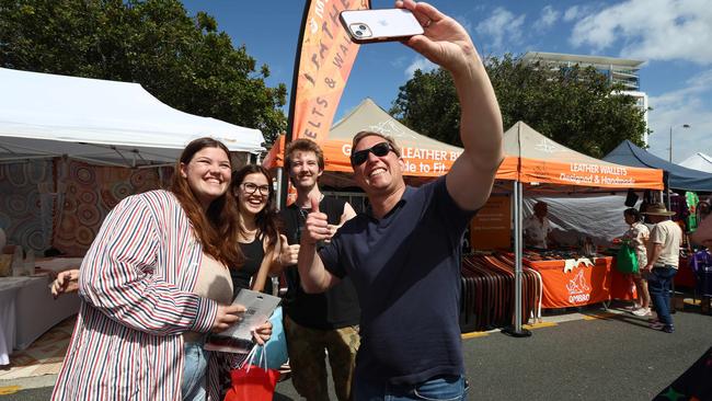 Queensland Premier Steven Miles visits the Redcliffe Markets with Labor candidate for Redcliffe Kass Hall. Picture: David Clark