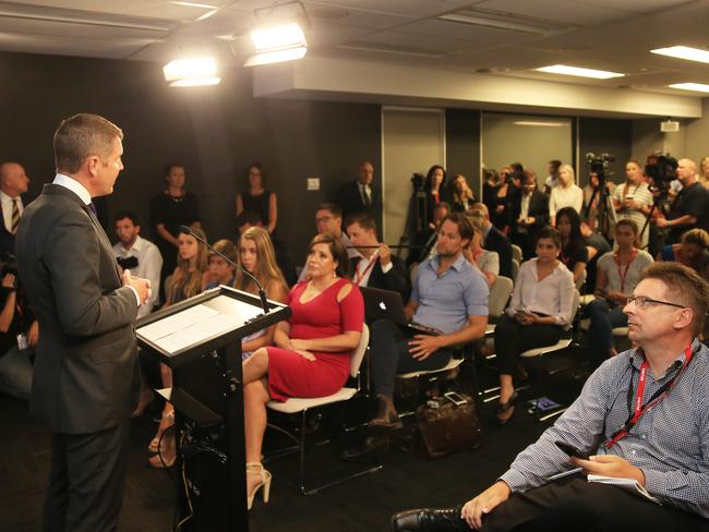 Premier Mike Baird announces his retirement at a press conference yesterday. Picture: Mark Evans