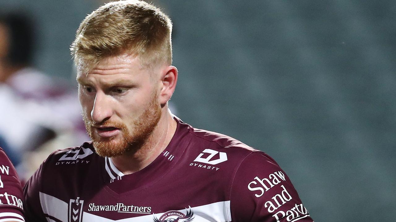 Brad Parker and Reuben Garrick of the Sea Eagles warms up ahead of the Round 3 NRL match between the Manly Warringah Sea Eagles and the Canterbury-Bankstown Bulldogs at Central Coast Stadium in Gosford, Sunday, May 31, 2020. (AAP Image/Brendon Thorne) NO ARCHIVING, EDITORIAL USE ONLY