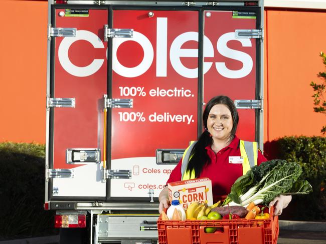 Coles’ EV delivery van ‘Sparky’ with Flagstone team member Isabelle Renella. Picture: Renae Droop/RDW Photography