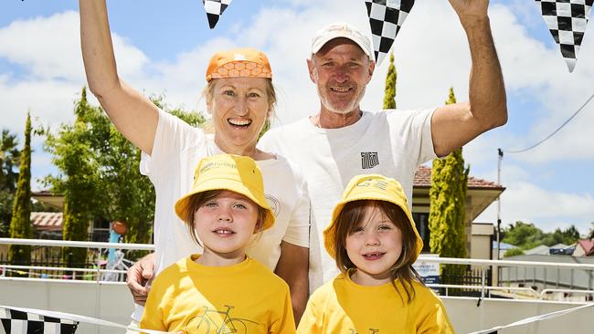 Anne-Marie and Peter Taylor with grandkids and twins, Charlotte Taylor, 5 and Cecelia Taylor, 5 at the Tour Down Under in Lobethal, Wednesday, Jan. 17, 2024. Picture: Matt Loxton [Peter 0400401800]