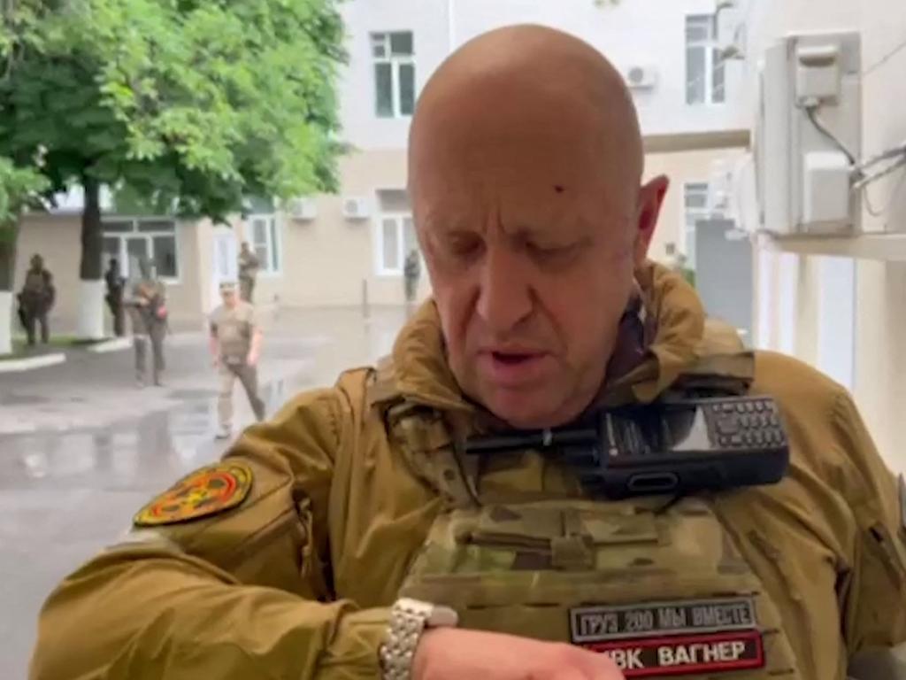 This video grab taken from handout footage posted on June 24, 2023 on the Telegram account of the press service of Concord – a company linked to the chief of Russian mercenary group Wagner, Yevgeny Prigozhin – shows Yevgeny Prigozhin speaking inside the headquarters of the Russian southern military district in the city of Rostov. Picture: Handout / Telegram/ @concordgroup_official / AFP