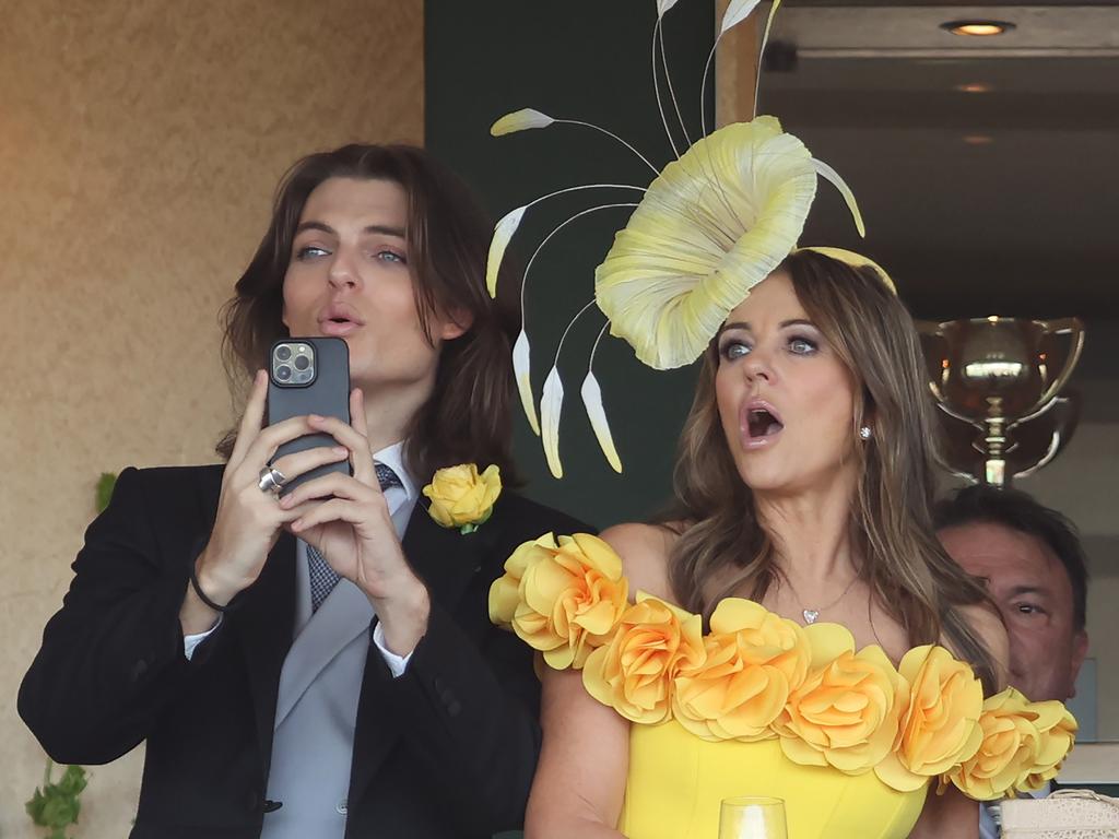 <p>On Melbourne Cup Day at Flemington Racecourse, November 5, 2024, Liz Hurley and her son Damian watched the thrilling final race from the Committee Room. The horse Warnie&mdash;named after the legendary Shane Warne&mdash;crossed the finish line in third place, capping off an exciting day of racing. Picture: David Caird.</p>