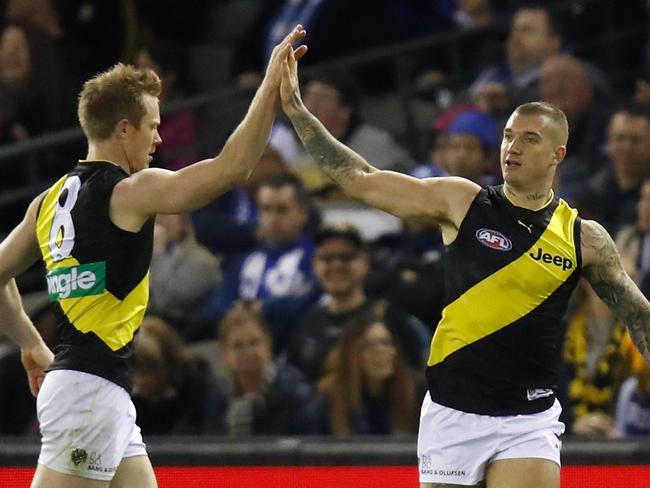 Jack Riewoldt (left) and Dustin Martin of the Tigers celebrate