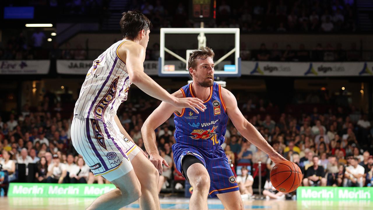 Mitch McCarron is confronted by the Kings’ Alex Toohey at Adelaide Entertainment Centre. Picture: Sarah Reed/Getty Images.