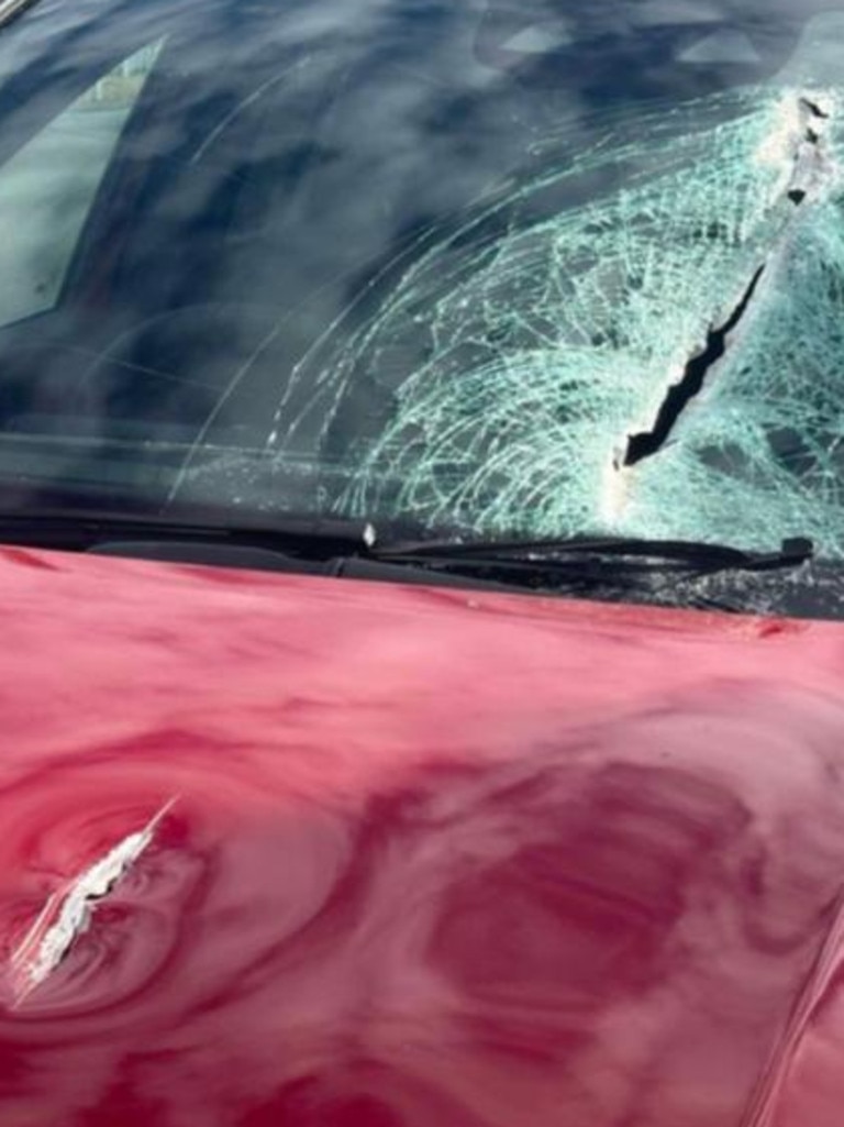 Gashes to the bonnet and a big crack in the windshield. Picture: 7NEWS