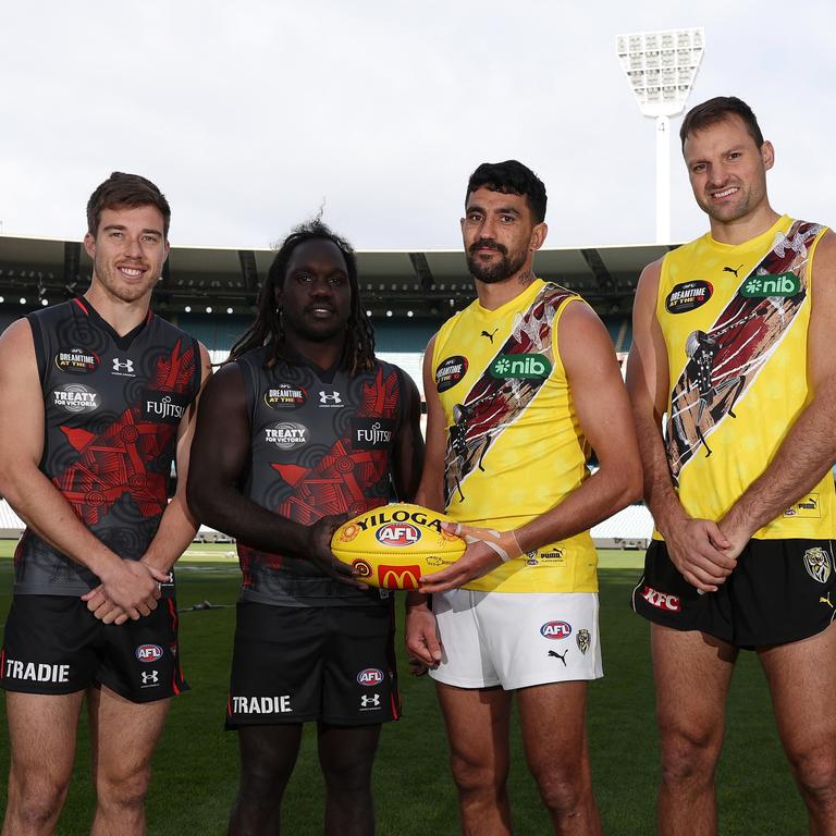 Zach Merrett, Anthony McDonald-Tipungwuti, Marlion Pickett and Toby Nankervis spoke at the launch of the 2023 Dreamtime at the ‘G game. Picture: Robert Cianflone / Getty Images