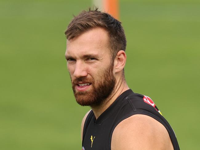 MELBOURNE, AUSTRALIA - APRIL 16: Noah Balta of the Tigers looks on during a Richmond Tigers AFL training session at Punt Road Oval on April 16, 2025 in Melbourne, Australia. (Photo by Robert Cianflone/Getty Images)
