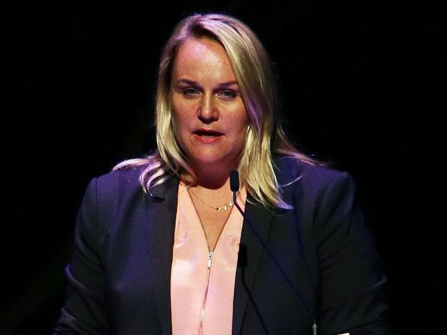 Newcastle Mayor Nuatali Nelmes talks at the Schools Anzac Day ceremony in the Civic Theatre today. Picture by Peter Lorimer.