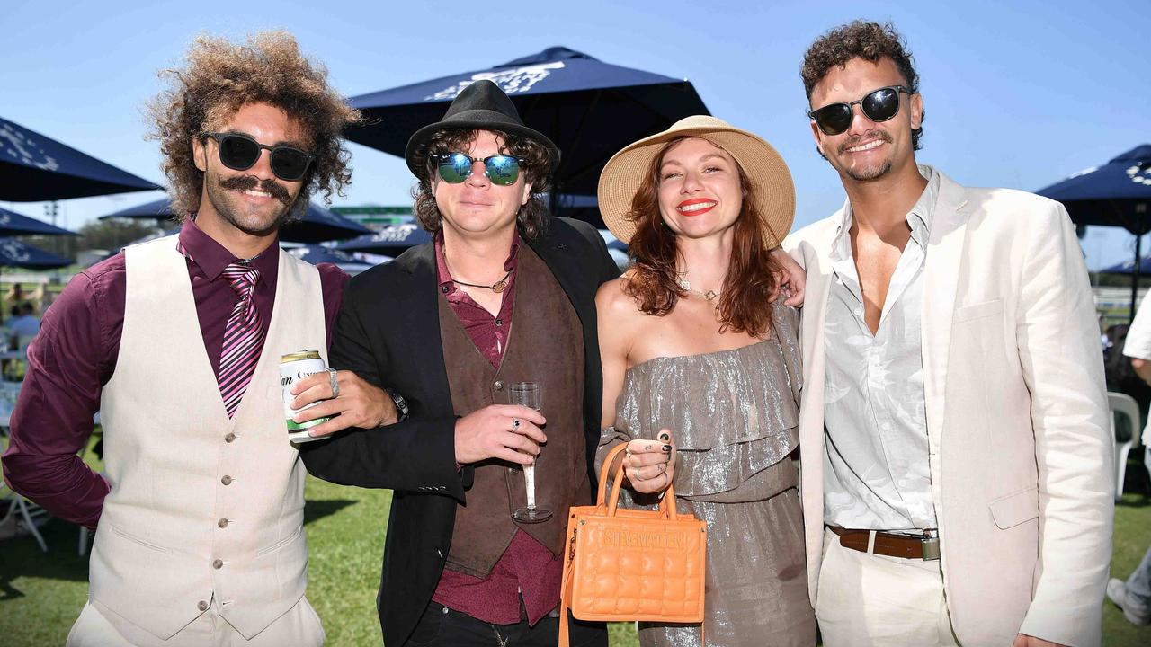 Rhys Daley, Clinton Cressell, Anouk Wauters and Kurt Daley out and about at Corbould Park for the Melbourne Cup Race Day in Caloundra. Picture: Patrick Woods.