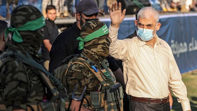 Yahya Sinwar greets supporters during a rally in Gaza City in 2021. Picture: AFP.