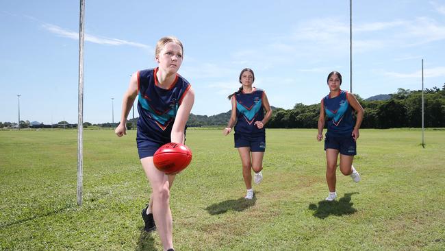 The St Andrew's Catholic College senior girls players Alyssa Gall, 16, Sienna Little, 16, and Reshan Narula, 17. Picture: Brendan Radke