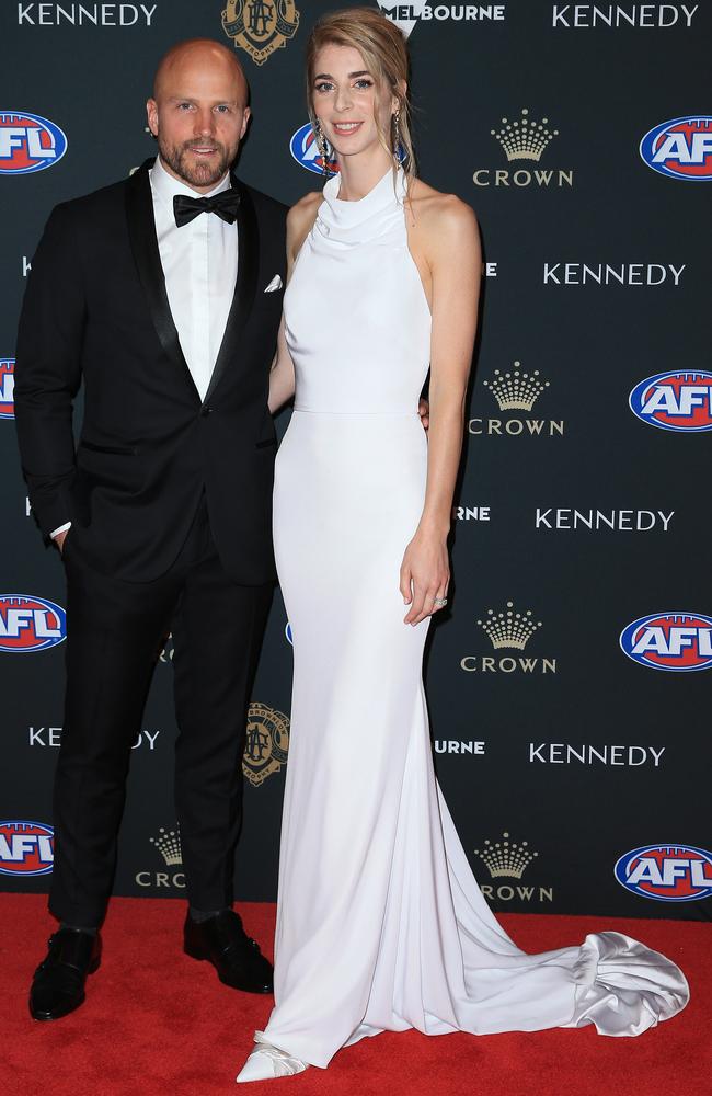 Brownlow Medal Red Carpet at Crown Casino, Melbourne. 23/09/2019. Melbourne's Nathan Jones and wife Jerri . Pic: Mark Stewart.