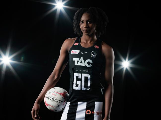 GOLD COAST, AUSTRALIA - FEBRUARY 22: Jodi-Ann Ward poses during the Magpies Super Netball 2023 headshots session at the Gold Coast Leisure Centre on February 22, 2023 in Gold Coast, Australia. (Photo by Matt King/Getty Images for Netball Australia