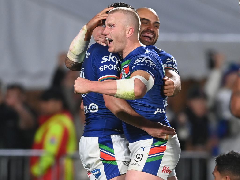 Mitch Barnett celebrates a try against his old side. Picture: NRL Imagery