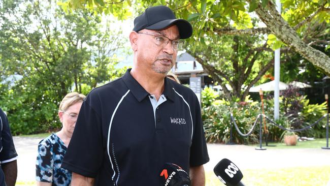 Wakaid director Frank Aragu speaks on the awarding of a $484,700m government grant to train Indigenous people in diving and ecosystem management. Picture: Peter Carruthers