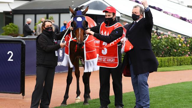 Denis Pagan (right) celebrates Johnny Get Angry’s Victoria Derby victory. Picture: Getty Images