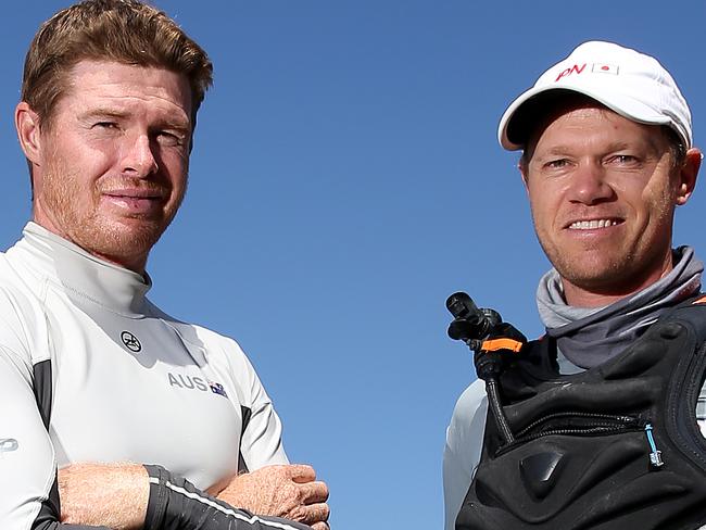 The inaugural Sail GP racing event on Sydney Harbour pits 6 countries racing at speeds of nearly 50 knots in specially designed yachts. Team Australia skipper Tom Slingsby (L) and Team Japan skipper Nathan Outteridge (R). Picture: Toby Zerna