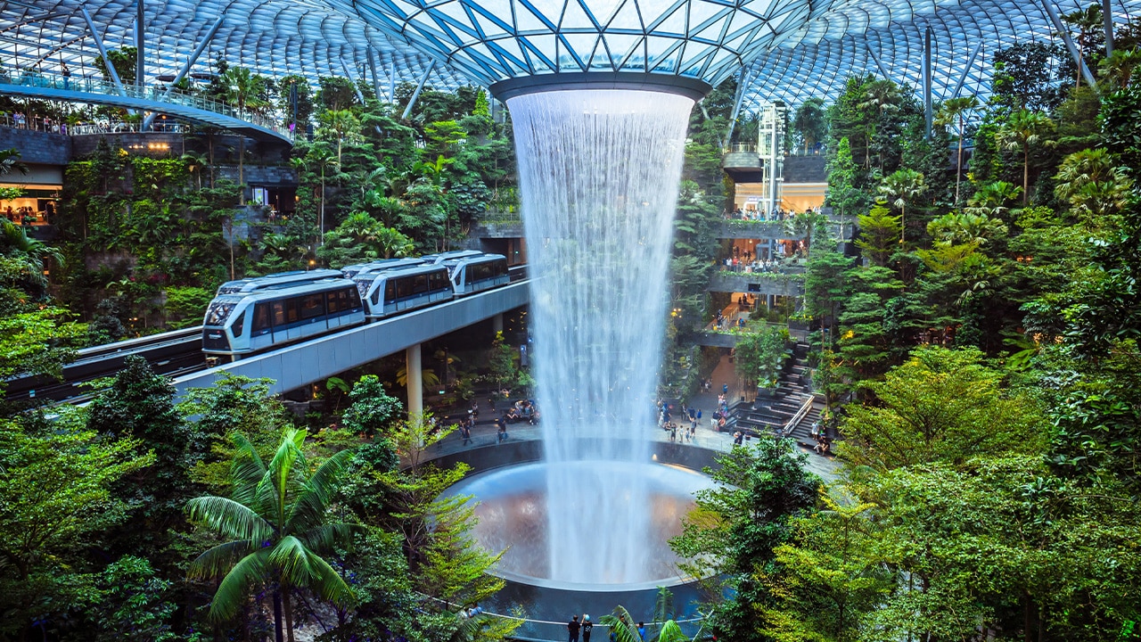 The world's tallest indoor waterfall at Jewel Changi Airport.