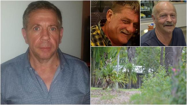 Nambour man Bruce Saunders (left) died at a Goomboorian property in November 2017. Gregory Roser (top left) and Peter Koenig (top right) have faced court this week charged with Mr Saunders' alleged murder. Photos: Contributed