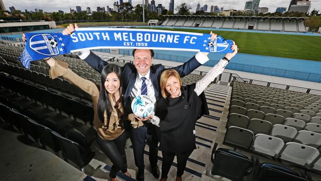 South Melbourne A-League advisory board chairman Bill Papastergiadis with bid team members Luisa Chen and Gabrielle Giuliano at Lakeside Stadium. Picture: Tim Carrafa