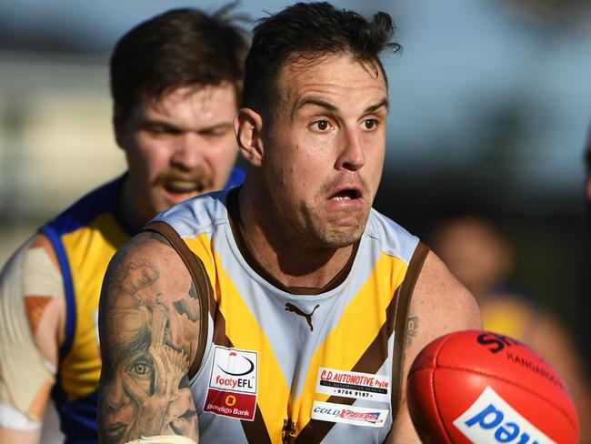 Alex Frawley of Rowville (right) is seen in action during the during the Eastern Football League match at Nobel Park Reserve, Melbourne, Saturday, June 2, 2018. Noble Park v Rowville. (AAP Image/James Ross) NO ARCHIVING