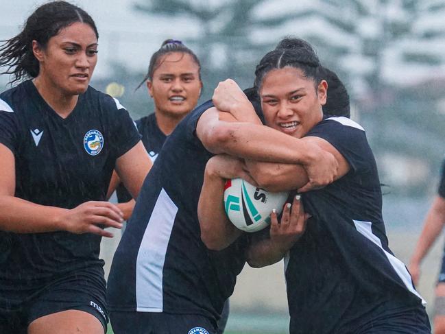 Eels young gun Mareva Swann carts the ball up at Parra NRLW training. PIc: Eels Digital