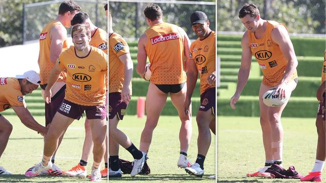 Corey Oates gets pantsed by Brisbane captain Alex Glenn at Broncos training at Red Hill. Picture: Annette Dew