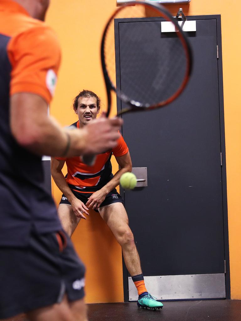 Phil Davis works on reflexes pre game. Picture: Phil Hillyard