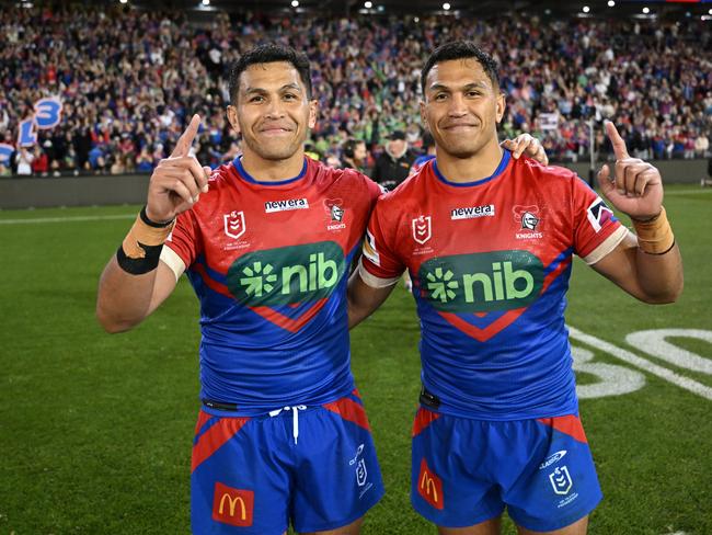 Daniel (right) found himself in uncharted territory, revealing he and twin Jacob Saifiti (left) had never been off-contract before. Picture: NRL Imagery