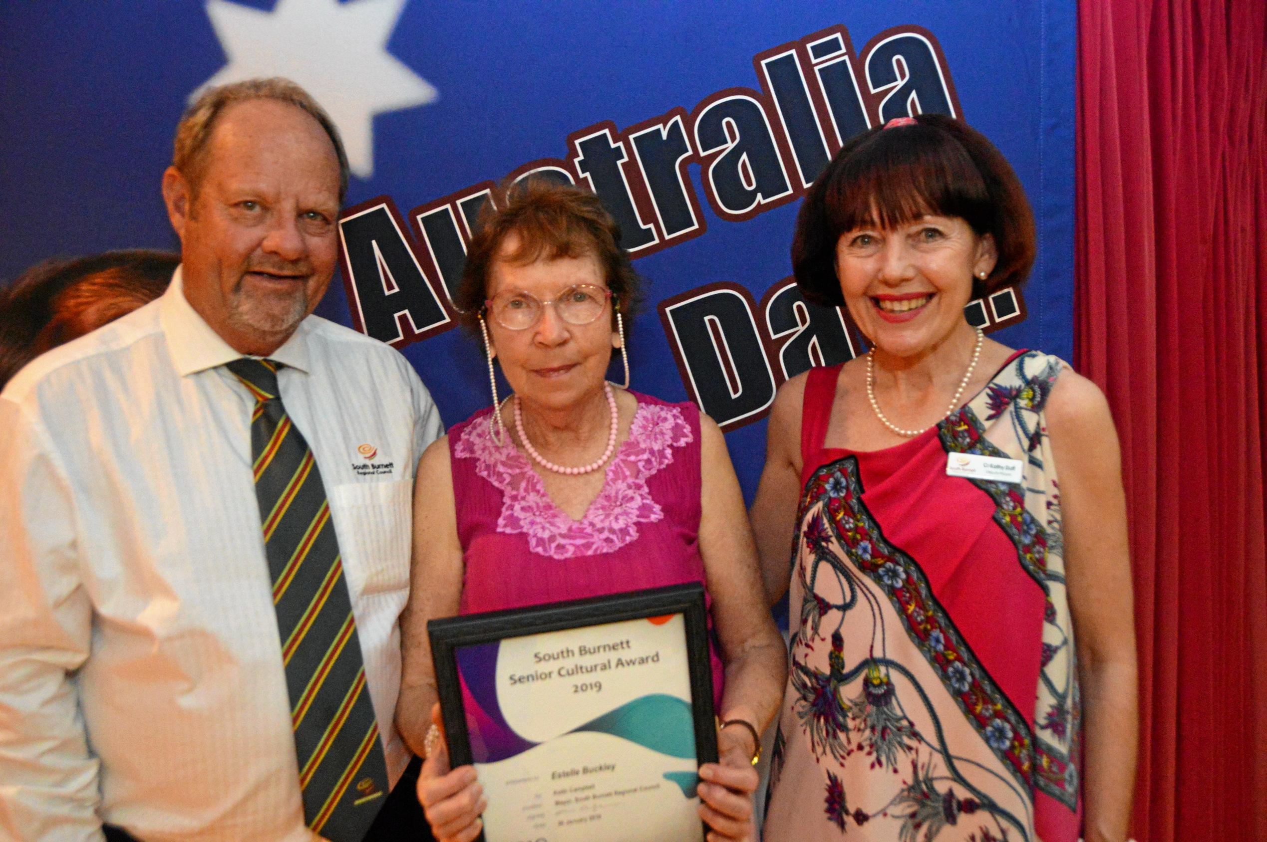 Winner of the South Burnett senior cultural award Estelle Buckley with Cr Kathy Duff and Cr Terry Fleischfresser at the South Burnett Australia Day awards 2019. Picture: Claudia Williams