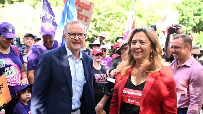 Labor leader Anthony Albanese campaigning with Queensland Premier Annastacia Palaszczuk. Picture: NCA NewsWire / Dan Peled