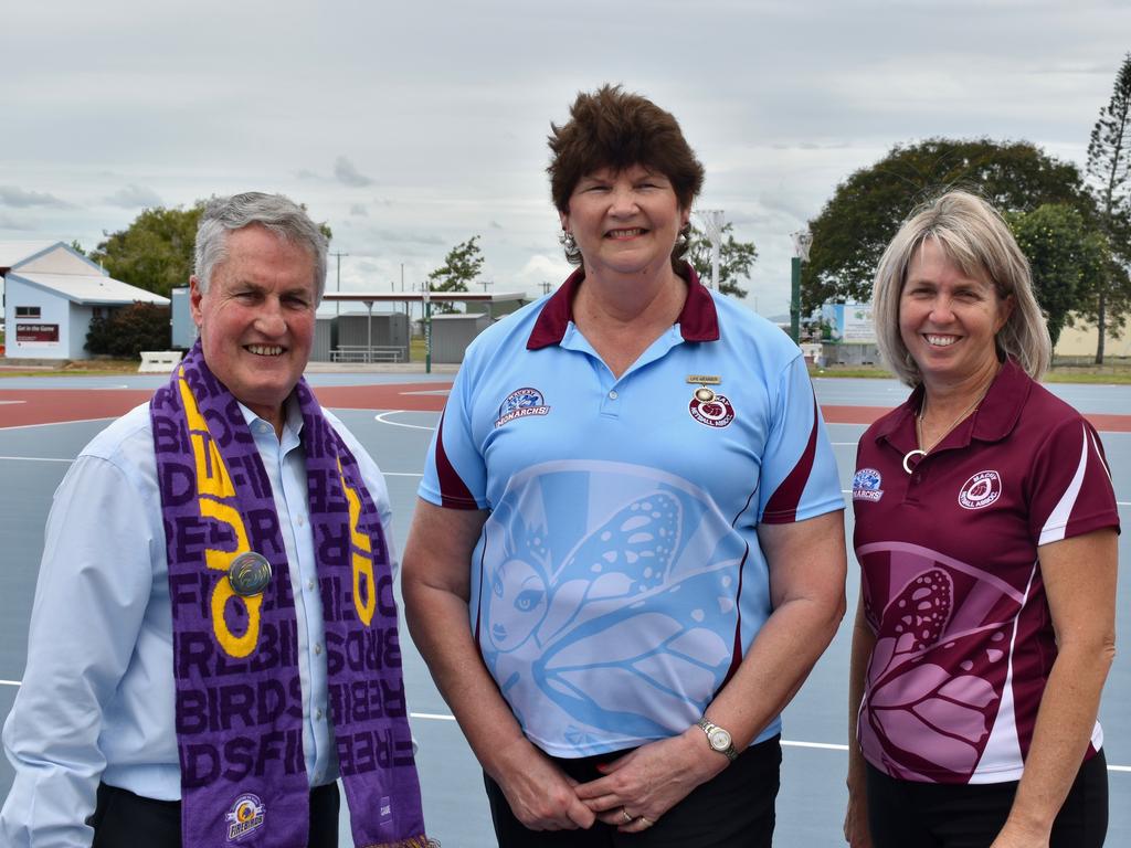 Mackay Mayor Greg Williamson, Netball Mackay board member Lyn Law, and Netball Mackay president Allison Bugeja at the announcement of two pre-season Suncorp Super Netball matches between Queensland Firebirds and Collingwood Magpies, January 25, 2022. Picture: Matthew Forrest