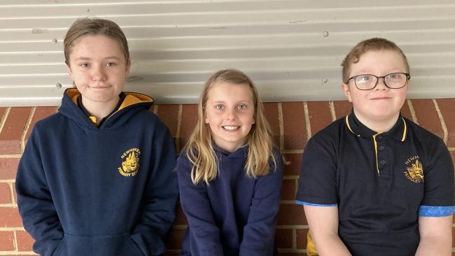 Ella (middle) and her friends Amelia and Eleanor are excited to return to classroom learning. Picture: Brooke Grebert-Craig