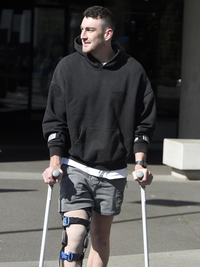 McStay on crutches after the 2023 preliminary final. Picture: Andrew Henshaw