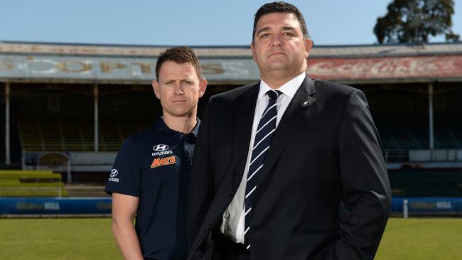 Carlton coach Brendon Bolton and president Mark LoGiudice. Picture: Kylie Else