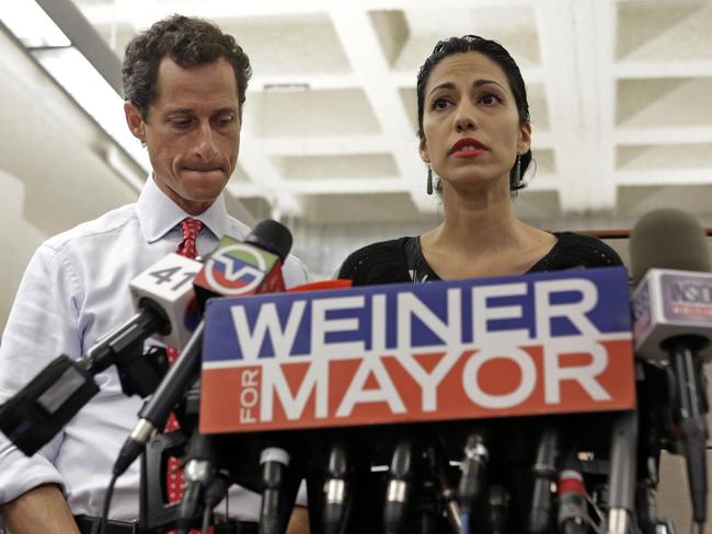 Then New York mayoral candidate Anthony Weiner, left, listens as his wife, Huma Abedin, speaks during a news conference on July 23, 2013, in New York. Picture: AP.