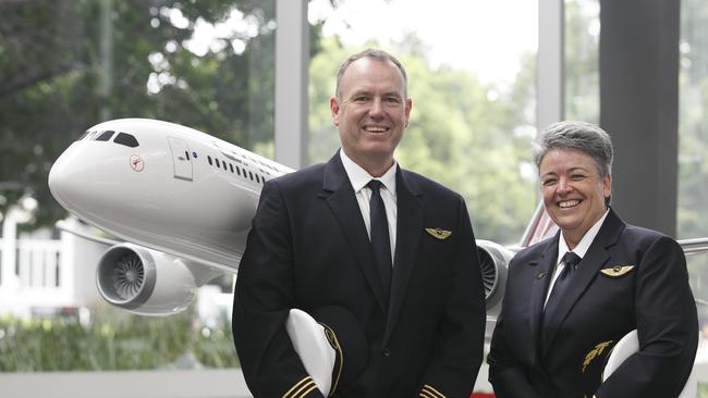 The first pilots for the Qantas Dreamliner’s maiden non-stop flight from Perth to London — Captain Lisa Norman and First Officer David Summergreene will be piloting the flight. Picture: Tim Pascoe