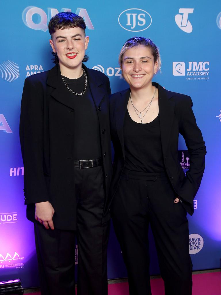 Bridget Brandolinin and Hope D on the 2022 Queensland Music Awards red carpet at The Fortitude Music Hall in Brisbane. Picture: Steve Pohlner