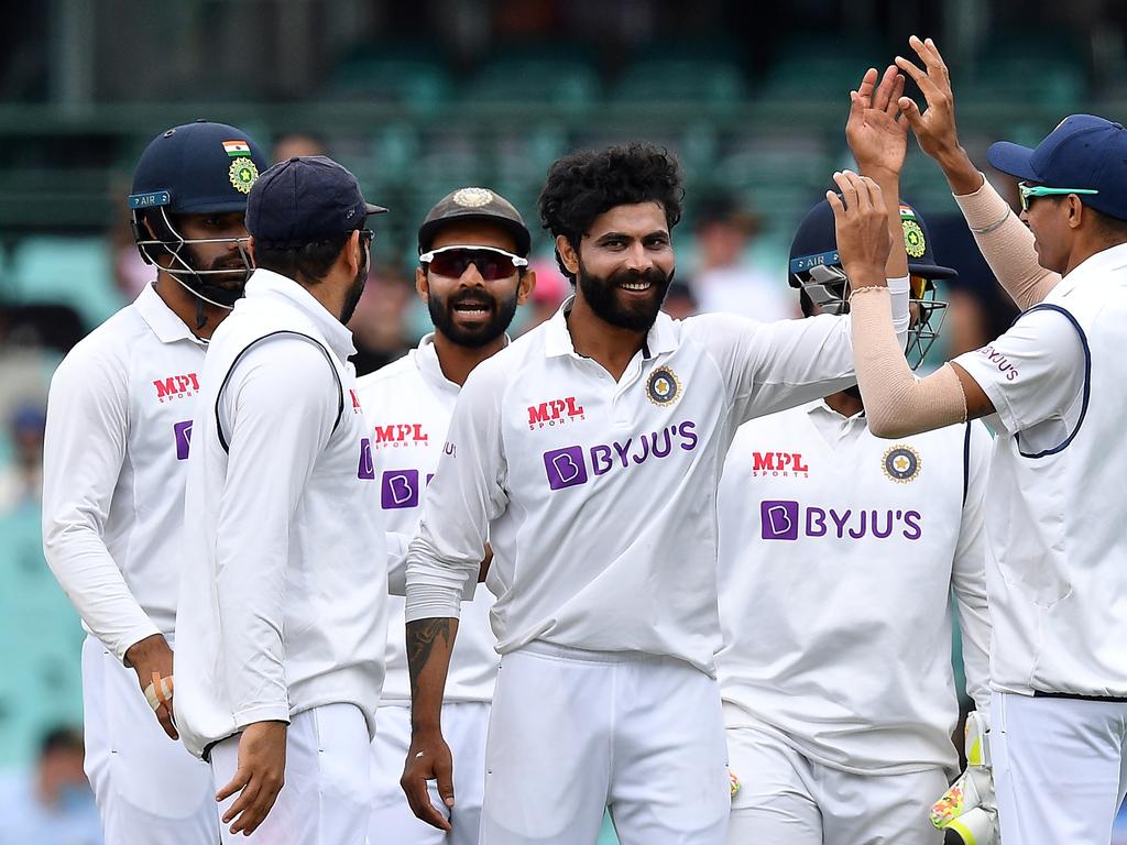 Ravindra Jadeja of India celebrates his wicket off Australian batsman Matthew Wade.