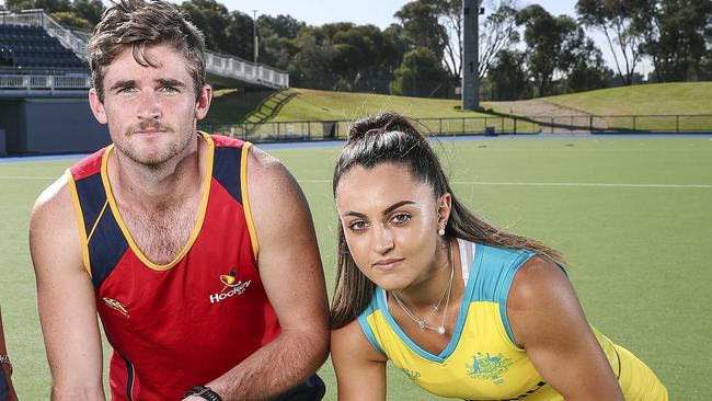 SA’s newest Hockeyroo Miki Spano, right, with SA state men’s team hopeful Lachie Busiko. Spano’s dream to follow Haslam’s path to the Olympics remains reliant on the SA State hockey teams finding $100,000 funding by next week to be part of the national championships later this year. Picture: Sarah Reed