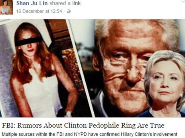 One Nation Candidate Shan Ju Lin has also pushed fake news, including that the Clintons are involved in a Washington DC paedophile ring. Picture: Facebook                        <a capiid="e0227d9c979a5e166aa19ff069b1d17b" class="capi-video">We are coming for you: Hanson</a>