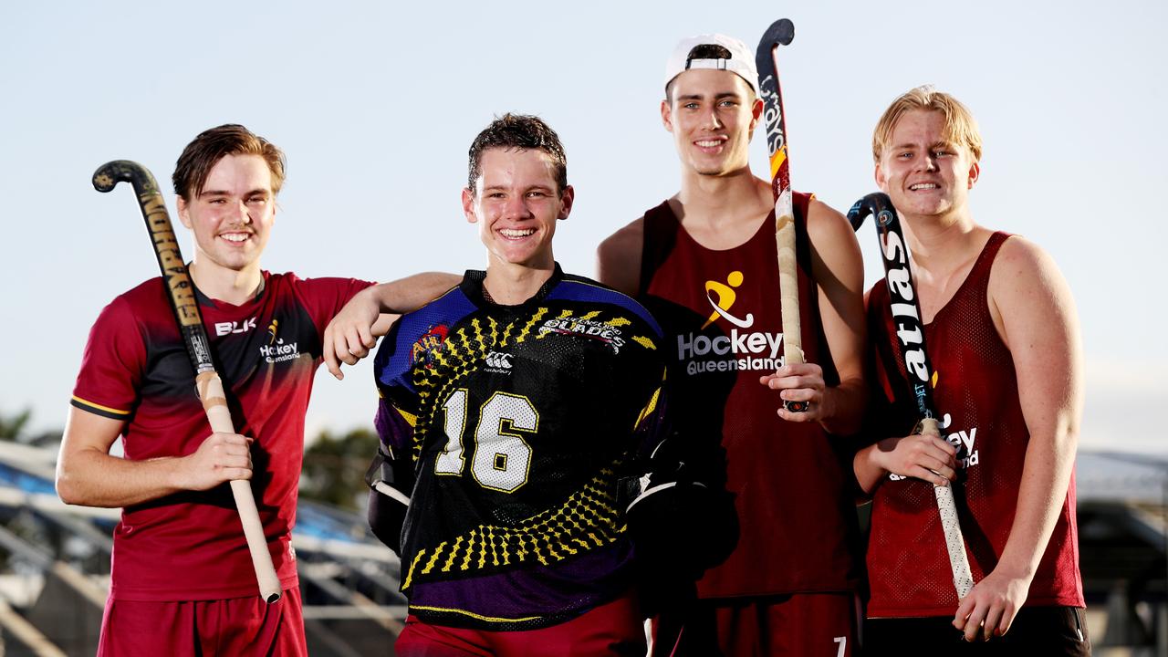 Cairns Hockey players will attend state selection trials in Brisbane this weekend as they vie for a spot in the Queensland team that will compete at the Australian U18 National Championships in Launceston in April. Brayden Naess, 16, Jesse Folpp, 16, Aden Conlan, 17, and Cade Coghlan, 16. Picture: Stewart McLean